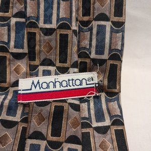 Manhattan Blue/Black/Gold/Beige Rectangle Shapes Made in USA 100% Silk Neck Tie